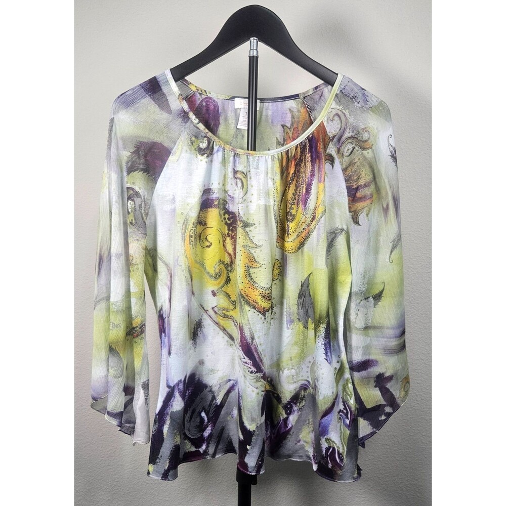 Chico's Women Size 1 Sheer‎ Paisley Abstract Print Blouse Purple Green Flowy Top